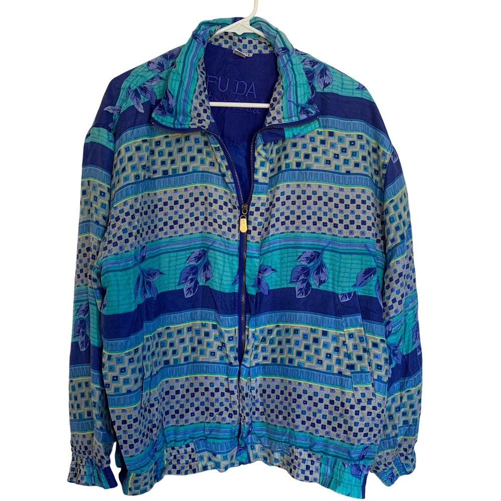 Fuda International Silk‎ Jacket Womens Large Blue Green Pattern Full Zip Y2K